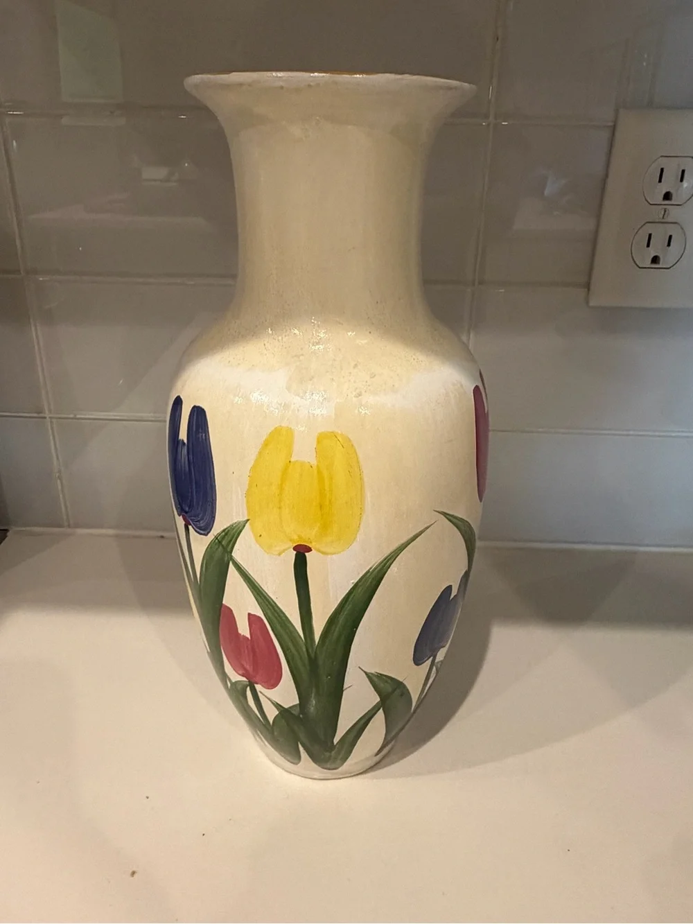 Hand-Painted Tulip Ceramic Vase - Cream Vintage Watt